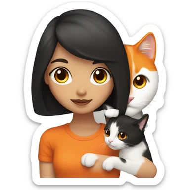 Brunette girl with brown eyes, holding a tricolor  black white and orange cat. Cat has one side of the face orange and the other side black. Mouth is white sticker