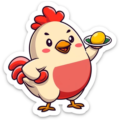 Four separate cute protein stickers: happy chicken breast with tiny arms, smiling red meat steak, cheerful salmon fillet, and joyful egg, each with little muscle arm flexing, showing their protein power sticker