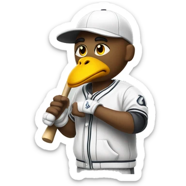 man in chiken head in gray white baseball jacket holding bat sticker