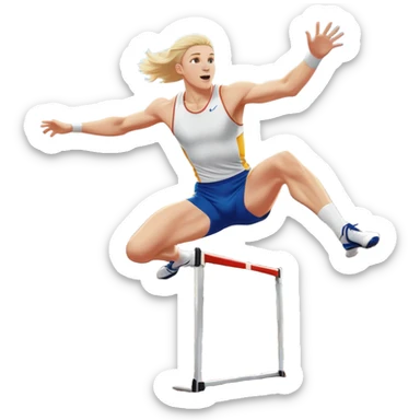 An icon of an white-skined athlete soaring over a hurdle, mid-jump, with a powerful form. The background features a vibrant stadium, with the track and hurdles in sharp focus, and a cheering crowd along the stands. The motion of the jump emphasizes speed and agility. Transparent background. sticker