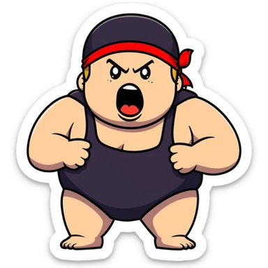 Extreme close-up of face of morbidly obese white skin guy with young face, prominent BLACK DURAG tied clearly on head, black beard but no mustache, clean shaven upper lip, black eyes in a red and black wrestling singlet with mouth wide open screaming angrily sticker
