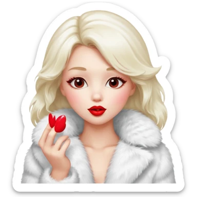 A beautiful, cute girl with red lipstick on her lips is posing for a photo in a white fur coat, and she's seen in full view, blowing a kiss. sticker