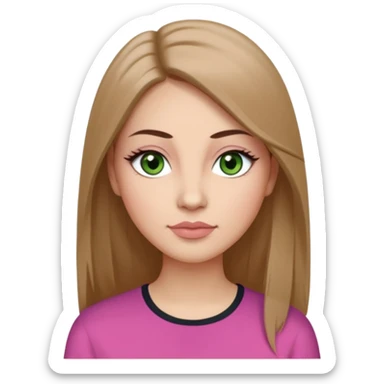 Adult woman avatar, light skin tone, oval face, long straight brown hair, green almond-shaped eyes with dramatic eyelashes and minimal eyeliner, neutral mouth, medium straight eyebrows, small nose, natural pink lips, smooth skin with light natural blush sticker