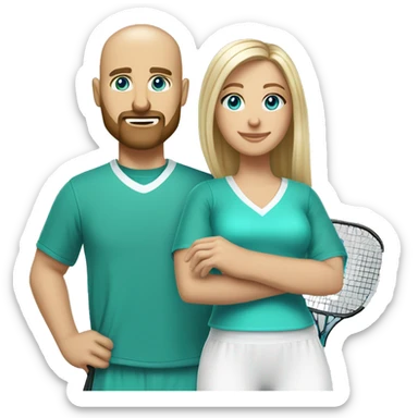 Same image but White couple. Male bald with beard. Aqua eyes. Woman long blonde brown highlight hair. 35. Aqua eyes. In pickleball clothes  sticker