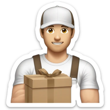 Pale skinned fit Man with dark brown hair in a light gray cap, dark brown jeans, brown polo and white T-shirt keeping a pasted with tape white box into his hands sticker