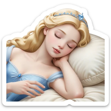Cinematic Realistic Sleeping Cinderella Portrait, portrayed with exceptional realism: her luminous porcelain skin and exquisitely detailed golden-blonde hair lie softly under the gentle caress of natural light. Her eyes are peacefully closed in a serene, dreamlike slumber, and every fold and shimmer of her iconic ball gown is rendered with painstaking detail. The overall composition radiates a quiet, enchanting glow that encapsulates the timeless, restful beauty of a princess lost in a gentle, magical dream. sticker
