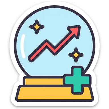 Add an upward slope or rising line graph inside the crystal ball to symbolize improvement and positive healthcare outcomes. Keep the icon style clean and modern, maintaining healthcare symbols and color accents. sticker
