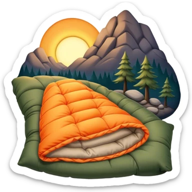 Cinematic Realistic Sleeping Bag, plush and slightly wrinkled, rich fabric texture catching the firelight, glowing with warmth and inviting coziness, nestled within a peaceful campsite. sticker