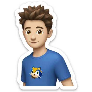 A young white boy with short brown hair and brown eyes wearing a blue sonic the hedgehog shirt
 sticker
