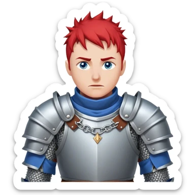 medieval battle armor worn by a DnD themed fantasy character. basic reinforced chainmail with a steel chestplate and padded collar. armor only above the waist. The armor full waist. The character's haven't arms. character is red hair blue eyes short spiky hair pale-skinned man. sticker