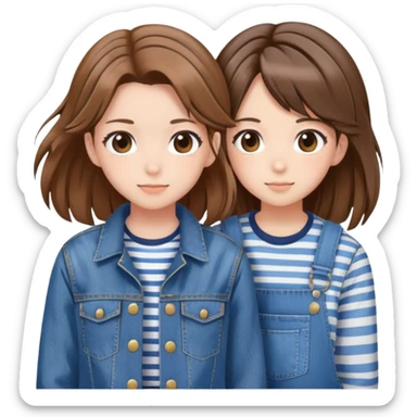Two anime best friend girls with brown hair, one in striped shirt and denim jacket, one in denim overalls with hair clip sticker
