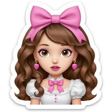 generate a pretty bratz girl in a white puff sleeve top. Pink lipgloss. Brown wavy hair long. Bow pink earrings sticker