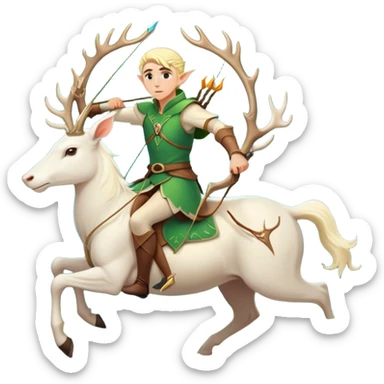 clash-of-clans-aesthetic-blond-male elf-archer-portrait-emoji, rendered in a flat, vector-style with minimal shading and bold, simplified shapes, head tilted slightly forward with a determined, focused expression, riding a majestic white stag whose antlers glow with mystical energy, set against an ancient, enchanted forest backdrop. sticker