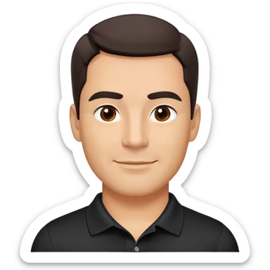 Middle-aged man with strong square face, pronounced jawline, full cheeks, neutral expression, dark brown eyes, thick eyebrows, wide proportional nose, friendly smile with medium lips, short dark hair neatly styled to the side, wearing a black polo shirt sticker