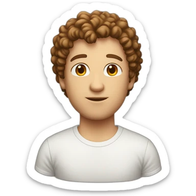 white man with really short brown curly hair wearing dorky tshirt sticker