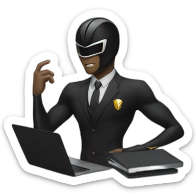 Power Rangers Black with Laptop busy with coding for Office Work by thinking future me man black suit confused face sticker