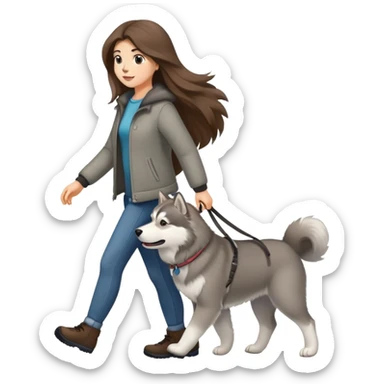 A girl with long brown hair walks a gray Alaskan sticker