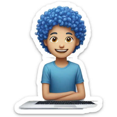 White smiling boy with blue and pink curly hair using a Macbook air sticker
