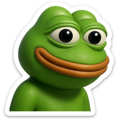 pepe in
- 3d style
- bright green
- smiling
- looking straight at the camera
- good highlights and shadows
- 30deg angled towards the left sticker