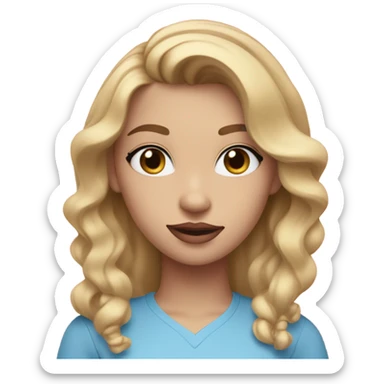 I 21 year old girl with warm blonde hair and blue eyes in a pink shirt. She has makeup on and pink lipstick on sticker