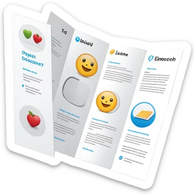 tri-fold brochure opened, with simple layout lines and image placeholders. sticker