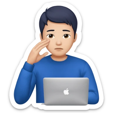 a asian handsome guy wearing a blue knit with white shirt, facepalming with only one hand, with a macbook, only upper body, high quality. more natural sticker