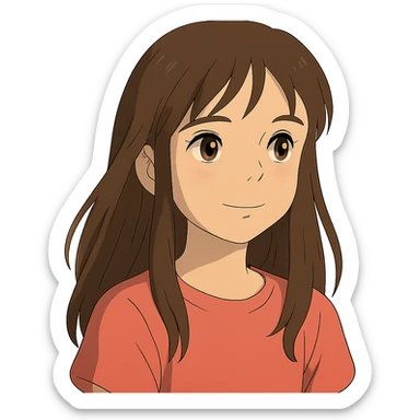 niña de 12 años con pelo largo castaño, ojos marrones claros, cejas marrones, pestañas negras, nariz mediana y labios medianos rosas en estilo ghibli sticker