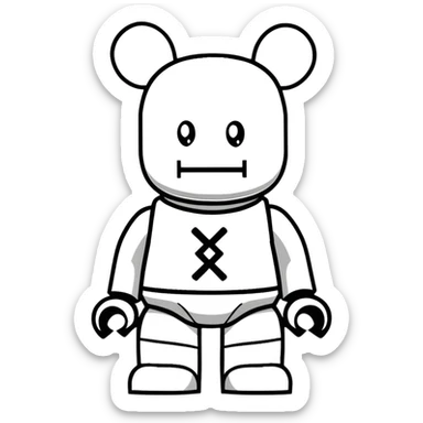 Lego style bearbrick with X crosses as eyes, enlarged ears, oversized boots, long thin limbs, exaggerated comic proportions, blocky Lego joints sticker