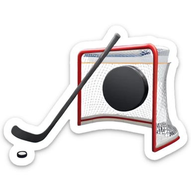 An icon showing a close-up of a hockey stick, puck, skates, and hockey net placed on the ice. The background features a packed stadium with bright lights, cheering fans, and snowy scenery outside. Transparent background highlights the key elements of the game. sticker