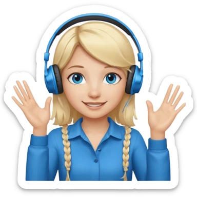 girl with blonde hair and blue eys with heands telling what, having heaphones on head sticker