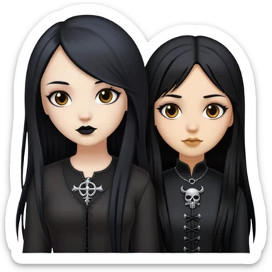 two goth girls with long black hair. one girl has light brown skin and the other has fair skin sticker