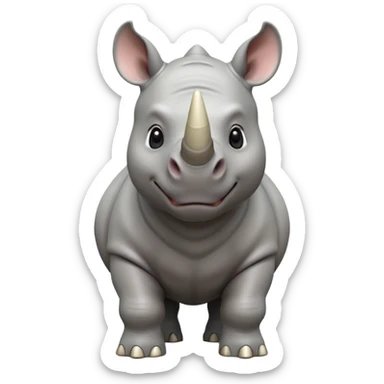 A big 3D cartoon rhino standing on dry ground, thick gray skin, small horn on nose, kind expression, bright daylight and soft shadows, Memoji-style. sticker