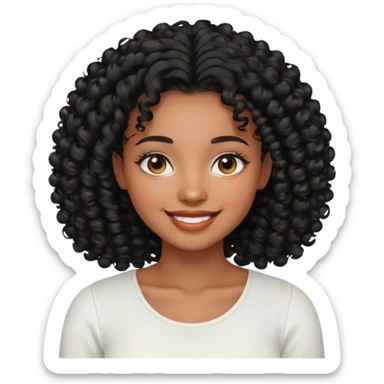 a young woman.She has voluminous, curly black hair long that frames her face beautifully. Her skin tone is black light and glowing, and she has a subtle, natural makeup look. She’s smiling softly at the camera. She is wearing a white top sticker