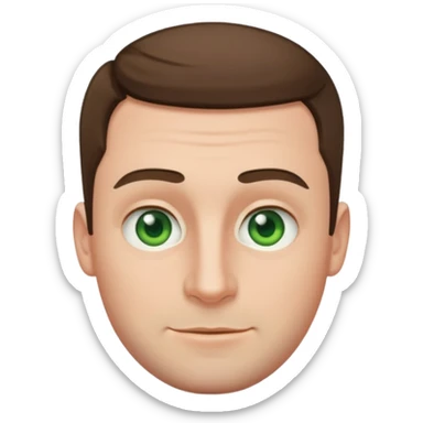 30-year-old white male, round face, broad nose, prominent eyebrows, no facial hair, very short brown hair, green eyes, emoji style sticker
