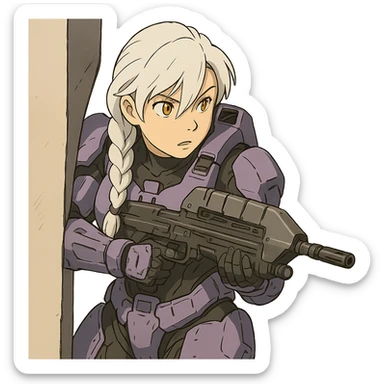 female, wearing reach spartan armor default, long white braid hair with massive messy front side single bangs, gold yellow eyes, attention pose, HALO:series, no helmet, the armor is lavender color scheme, shoulder pad off. DDD bust size fitting. Punk gothic cyberpunk, peeking around a corner while aiming a classic HALO1 AR, tactical, lean sticker
