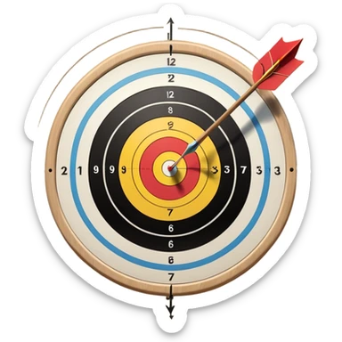 A bow and arrow aimed at a target, with the arrow in mid-flight towards the bullseye. The target's concentric rings are visible, emphasizing the precision and focus required in archery. The background is simple, highlighting the equipment and the sport's accuracy. sticker