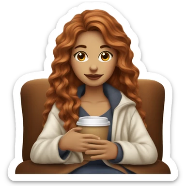 Auburn long wavy haired girl in with a blanket and a latté coffe sticker