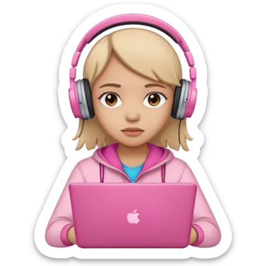 a girl with a pink laptop with headphones, color outline icon style, looking sad sticker