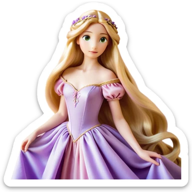 Cinematic Realistic Rapunzel Portrait, with porcelain-like skin featuring a subtle, natural glow, illuminated by soft lighting that brings out the gentle contours of her face. Her long, golden blonde hair cascades in detailed waves, each strand highlighted with a radiant shimmer as it catches the light. She playfully holds a flower in one hand, her other hand resting casually in her lap, with a warm and spirited expression. Her bright, expressive green eyes exude curiosity and warmth, framed by delicate lashes and soft, arched brows. She is dressed in her classic lavender and pink gown, the fabric textured with delicate folds that flow naturally, catching the light with a soft, radiant glow. The portrait captures a luminous, enchanting aura, seamlessly blending realism with a whimsical, fairytale charm, evoking a timeless sense of beauty and magic. sticker