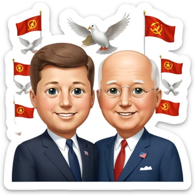 John F. Kennedy and Mikhail Gorbachev side by side, smiling, friendly diplomatic atmosphere, small peace symbols and doves, US and USSR flags as accents sticker