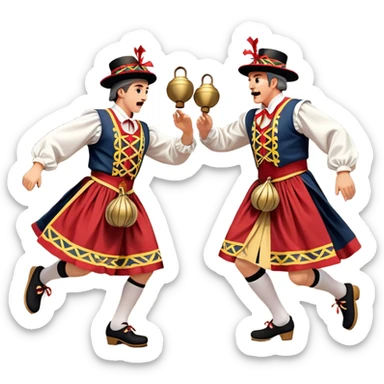 Cinematic Realistic scene of two performers executing a Morris Dance in full traditional costume—with bells, ribbons, and clogs—captured in dynamic motion against a rustic English backdrop and warm, golden lighting sticker