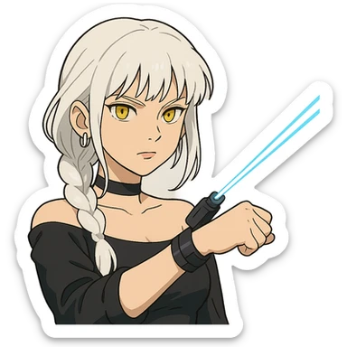  a closeup portrait of young woman with gold yellow eyes, white hair, long braid, black off-shoulder top d-cup, punk gothic style, futuristic cyberwave cyberpunk,  shooting a blue lazer from a small device on her left wrist sticker