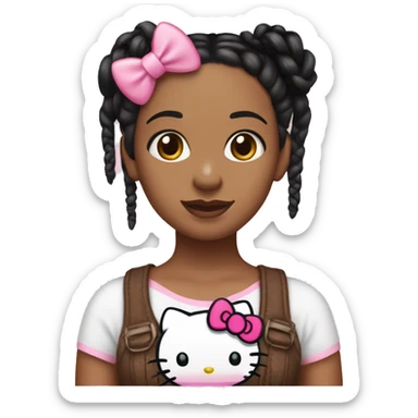 Brown woman with black braids, hazel eyes, has a pink bow on hair and wearing a hello kitty top sticker