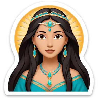 Cinematic Majestic Pocahontas Portrait Emoji, rendered in a clean, vector-style with bold shapes. Show Pocahontas with a serene, noble expression, radiant sun-kissed skin, and elegantly flowing dark hair, dressed in traditional garments with subtle turquoise accents. The design radiates a majestic, natural glow, high shine, and a soft glowing outline, capturing her regal beauty. sticker