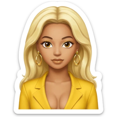 Beyonce with platinum blonde long hair, yellow outfit and earring sticker
