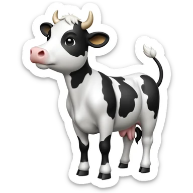 cinematic-[cow]-realistic-full-body-standing-emoji,-tail-flicking-lazily,-head-tilted-dramatically,-sleek-[black and white]-fur,-simplified-yet-realistic-focused-features,-highly-detailed,-glowing-with-an-almost-sarcastic-glow sticker