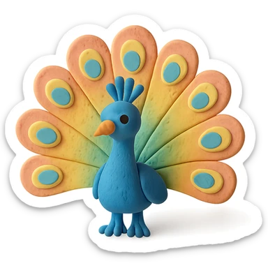 peacock with fanned colorful feathers, visible fingerprints, pastel colors, claymation style sticker