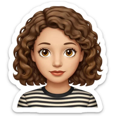 woman, 40s, chin-length wavy/curly/unruly brown-ish, few white stripes hair, hazel eyes, light skin sticker