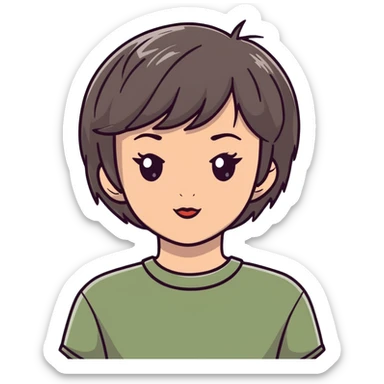 White girl with short wolfcut hairstyle, brown eyes, straight hair, wearing a sage green top sticker