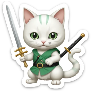 un gato blanco con reeferencia a rororoa zoro "una espada en cada mano y una en la boca" sticker